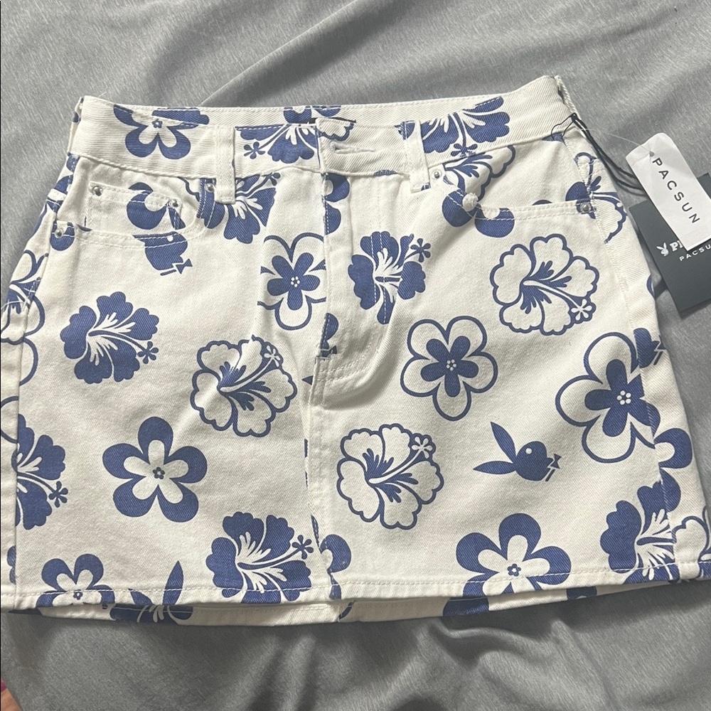 PacSun White and Blue Patterned Skirt playboy